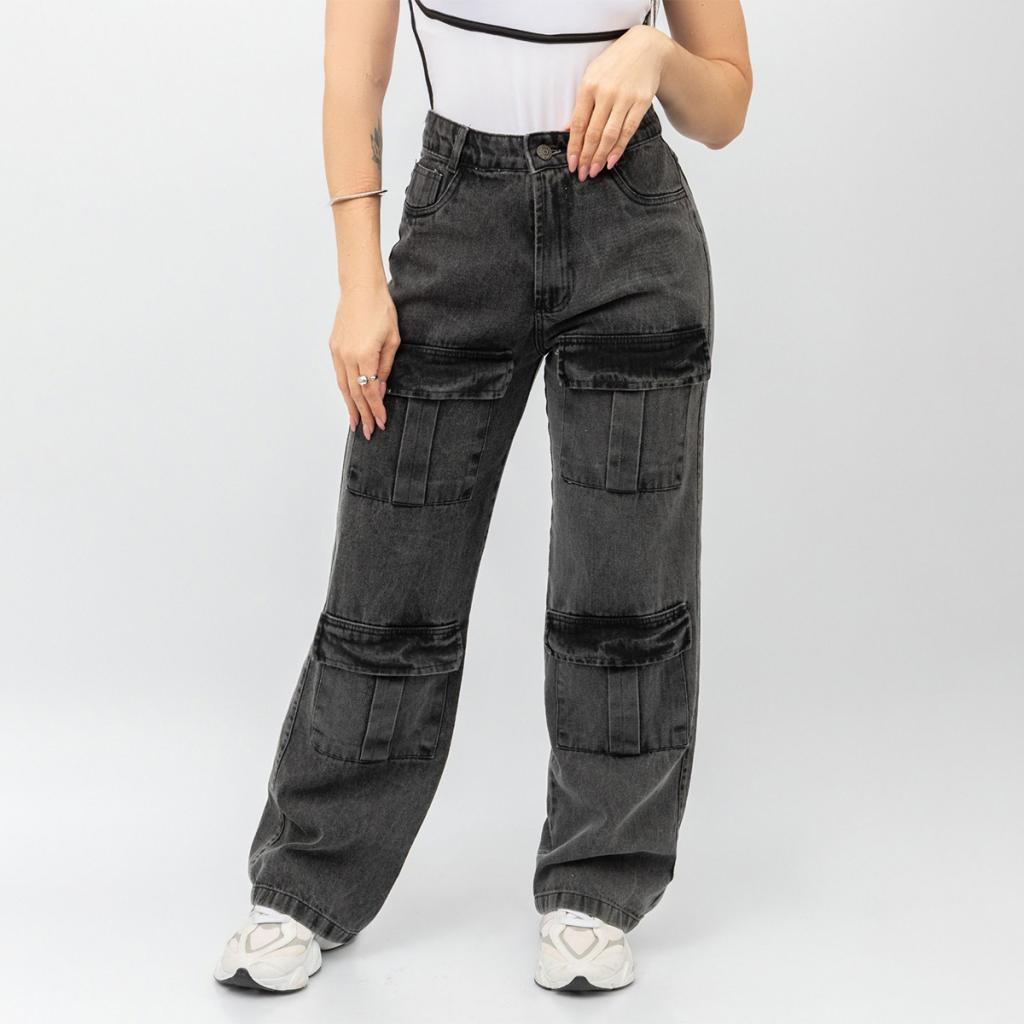 Calça Wide Leg Cargo Jeans Feminina Cintura Alta Com Bolsos Pantalona