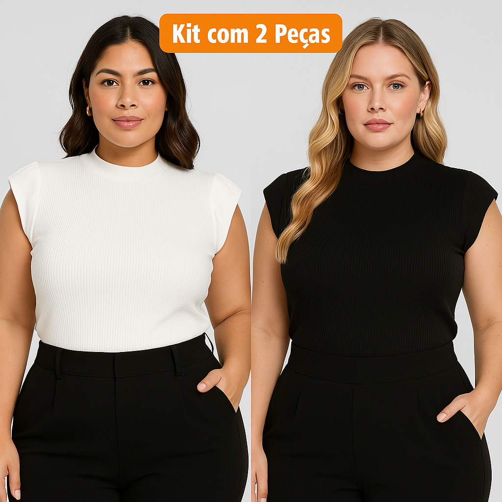 kit 2 Blusas Feminina Muscle tee Plus Size Ribana Canelada Gola Redonda Básica Social Elegante All Curve