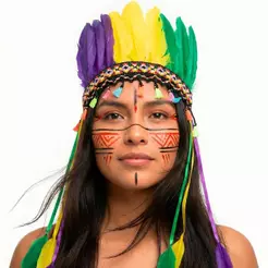 Cocar Indígena de Penas Coloridas Tassels e Fitas Laterais Para Fantasia de Indio