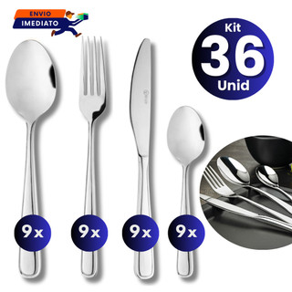 Jogo Talheres Inox 12, 24 ou 36 pçs Conjunto Inox Garfo Faca Colher Colher Sobremesa Faqueiro Cozinha Restaurante Buffet