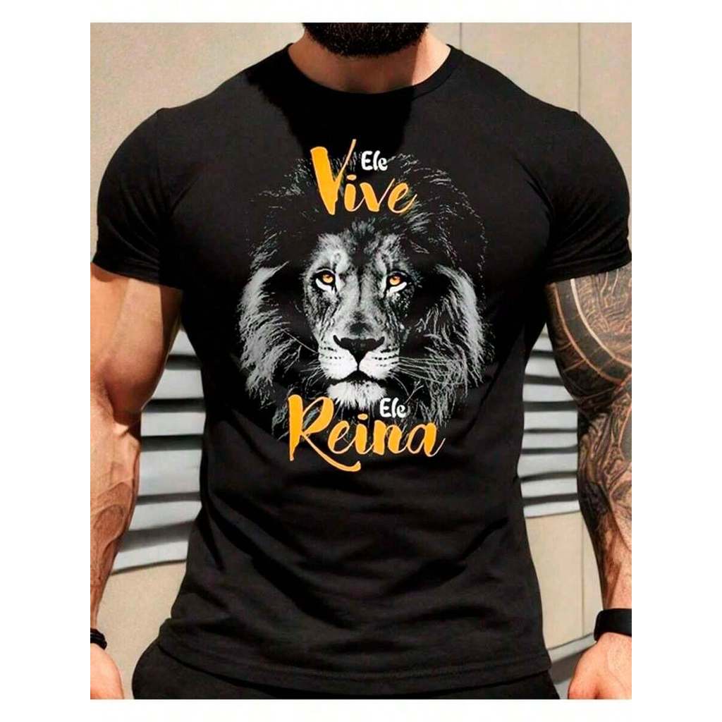 Camiseta Masculina Cristã Leão Vive Reina – Camisa Gospel 100% Algodão Preta Gola Redonda em Oferta na Shopee