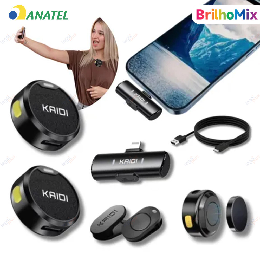 Microfone Lapela Sem Fio Duplo Kaidi Profissional: Cancelamento de Ruído, Imã Forte e Conexão USB-C/iPhone para Celular
