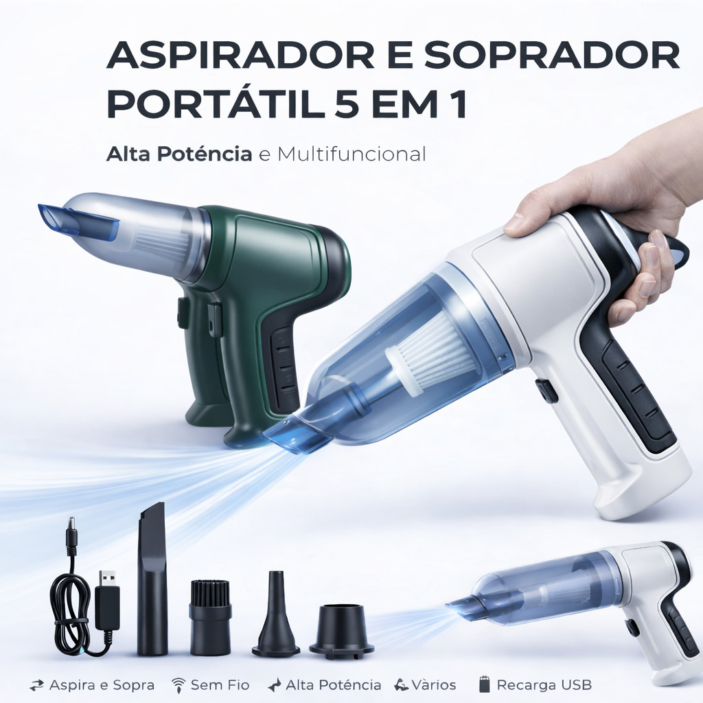Aspirador e Soprador Portátil 5 em 1 Sem Fio | 120W Sucção Forte | USB | Casa e Carro