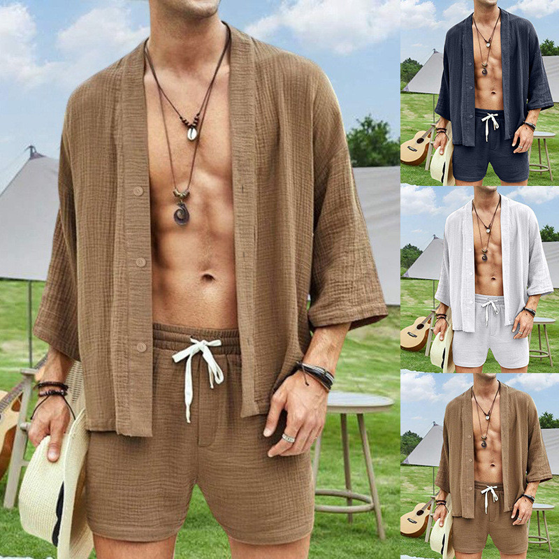 Camisa casual shorts terno de duas peças solto abotoado camisa masculina magro-ajuste shorts casuais masculino