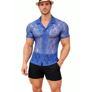 Camisa Masculina Transparente Renda Azul Manga Curta Luxo