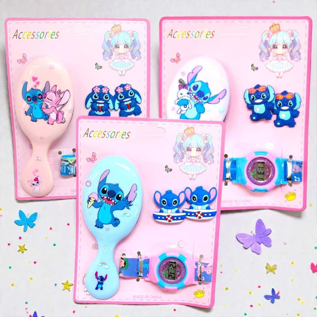 Acessórios Stitch Infantil Escova Cabelo Relógio Digital Presilhas Kit Presente Menina Escolar 3 Variações