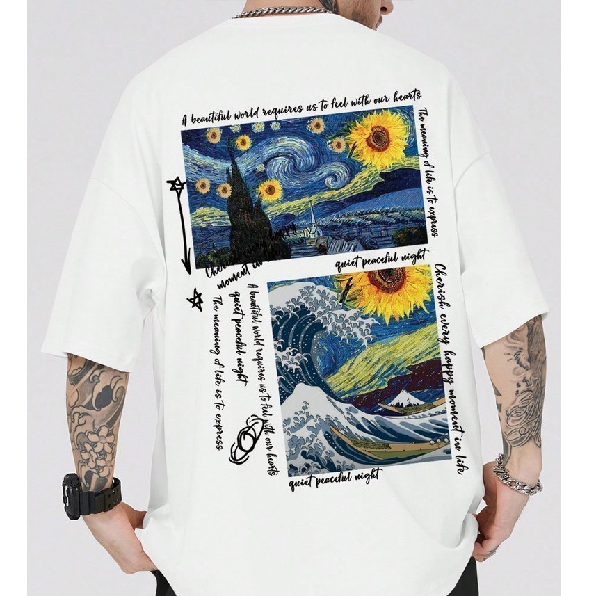 Camiseta Estilo Pintor Girassóis Blusa Streetwear Van Gogh Camisa Skatista T-shirt Algodão 100% Moda Clássico Pintura