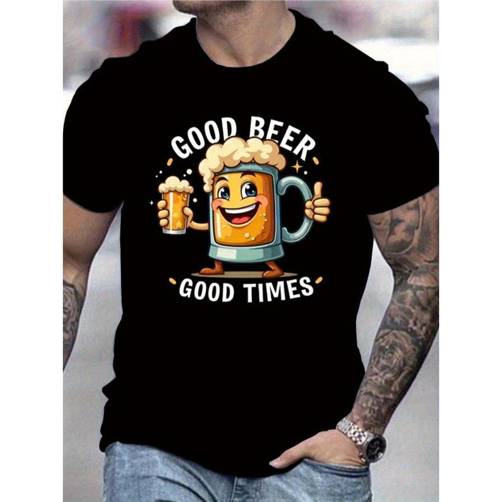 Camiseta Gráfica "Good Beer Good Times" - Unissex Gola Careca Manga Curta, Algod?o Misturado Corte Relaxado, Design Dive