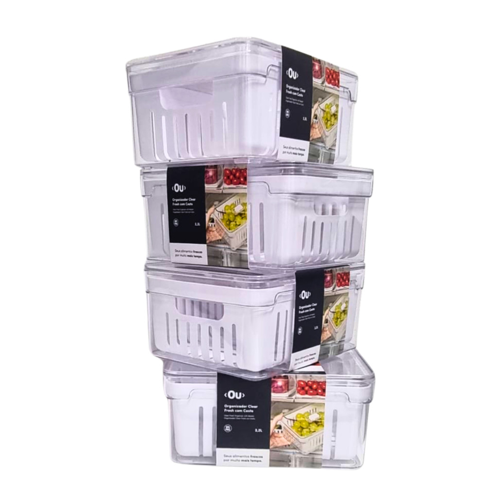 Organizador de Geladeira Clear Fresh Ou Martiplast Com Tampa e Cesto Drenagem Frutas Verduras Legume