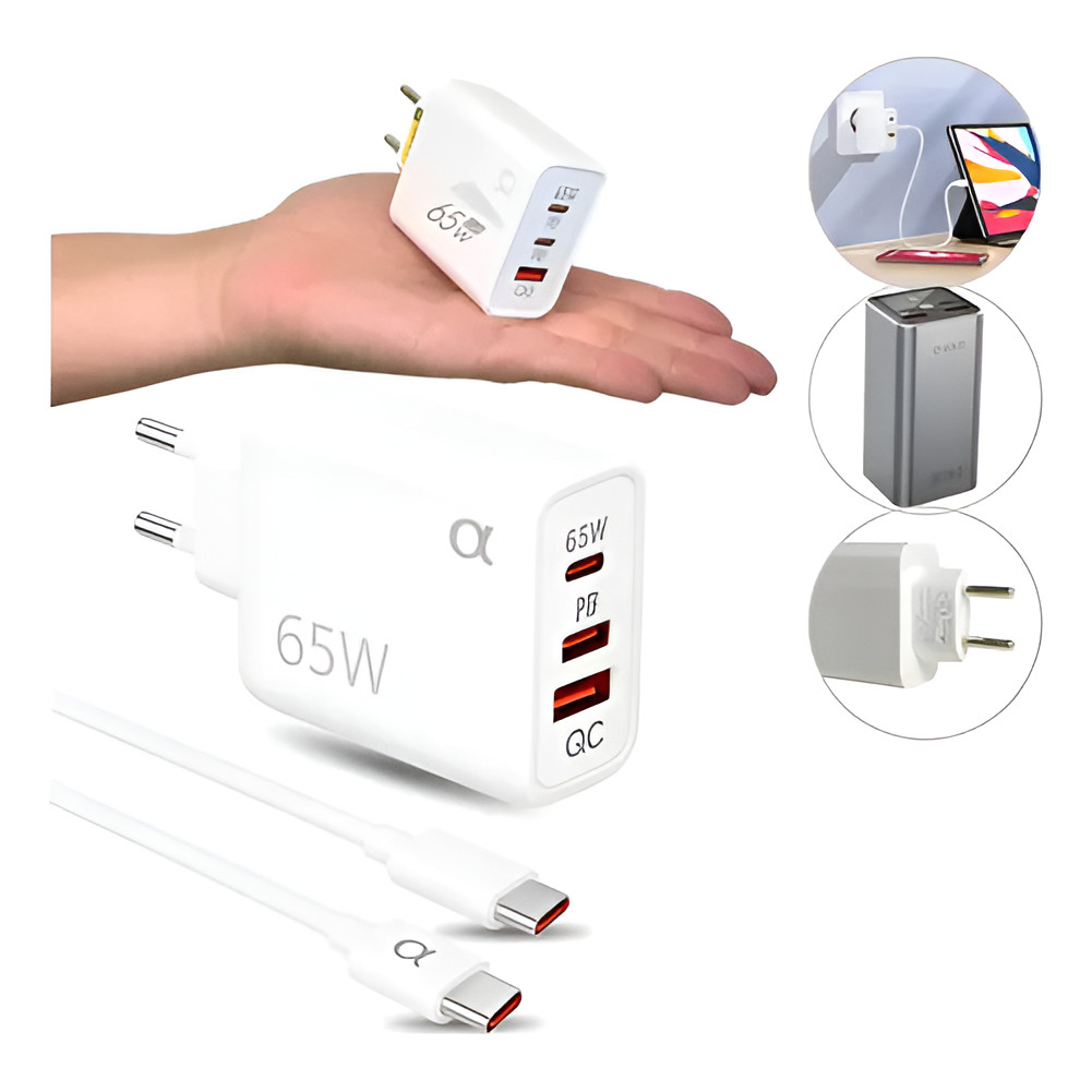 Carregador Turbo GaN 65W A'Gold CA46-6 Quick Charge 3 Portas USB-C PD + Cabo Tipo-C para Lightning Original