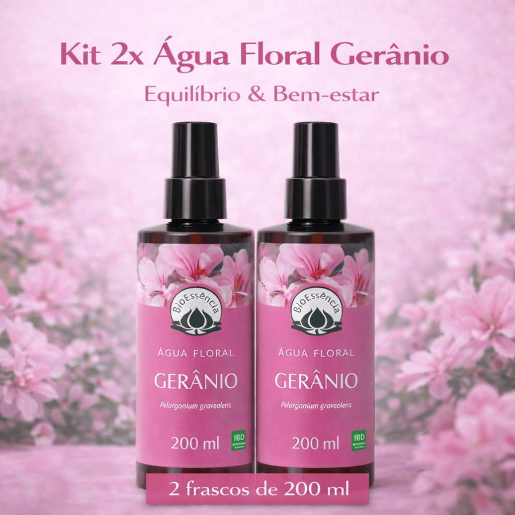 Kit 2 Água Floral Gerânio Regulador Revitalizador Hidrolato - Uso Facial Corporal Bioessencia 200ml