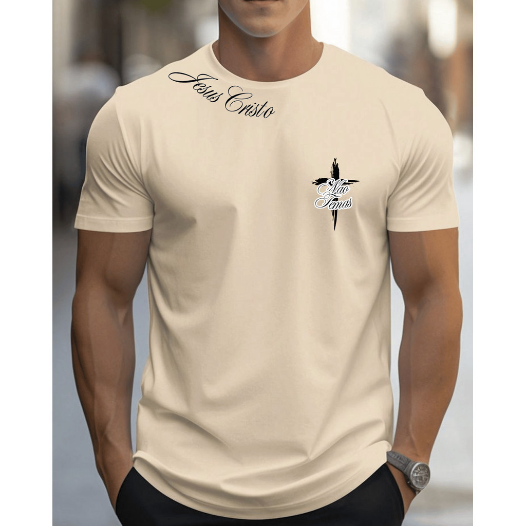 Camiseta T-Shirt 100% Algodão Estampada Fé em Cristo Estilo Casual