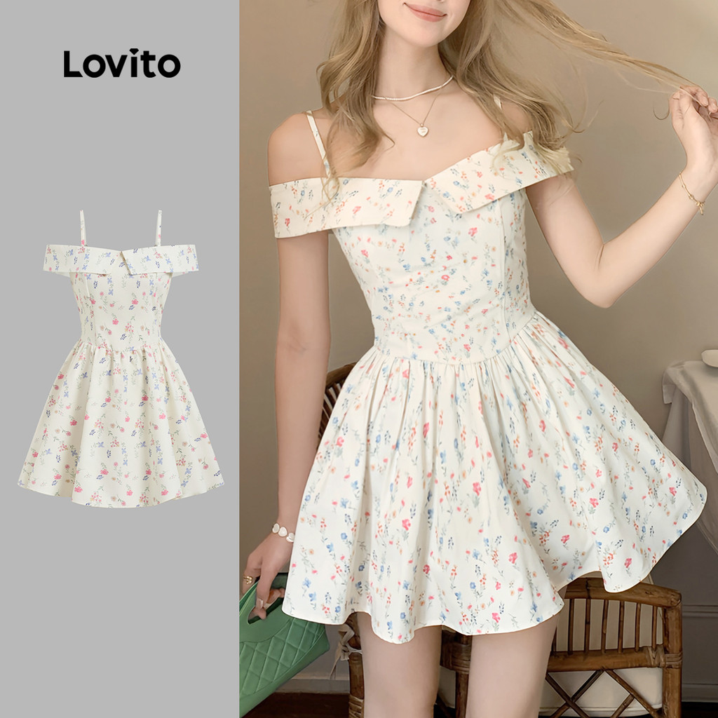 Lovito Bonito Ditsy Floral Ombro Frio Padrão Primavera/Verão Vestido Off White Para Mulheres L136AD222 em Oferta na Shopee
