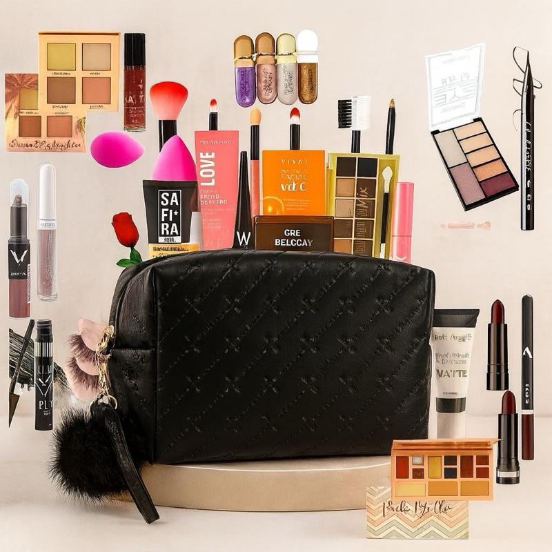 Kit Necessaire e 6 Itens Maquiagem Melhores Marcas Skin Care Capilar Com Gloss Batom Pó Pincéis Cílios Postiços
