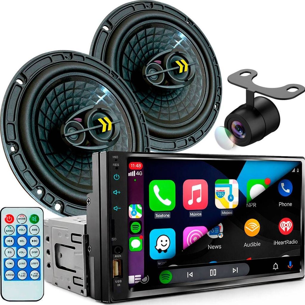 Central Multimídia Mp5 1Din 2Din 7 Carplay Android Auto USB BT Alto Falante REVO6 Câmera de Ré