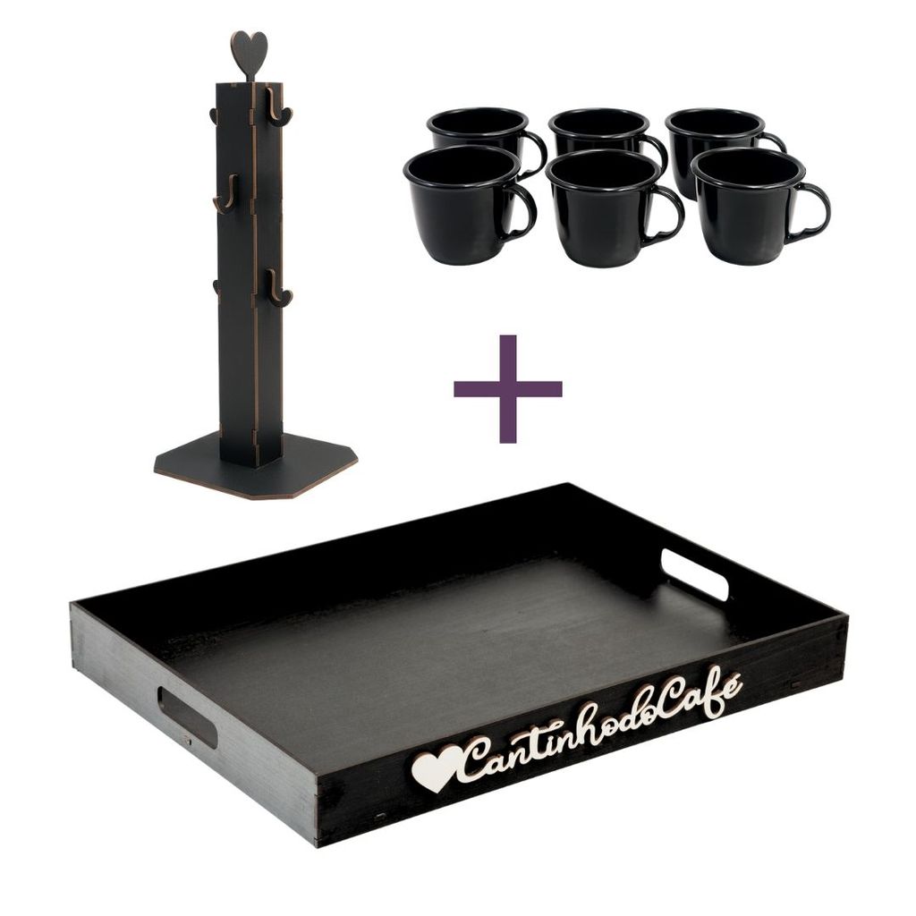 Combo Bandeja Cantinho Do Café Em MDF Canecas E Suporte Para 6 Xícaras Ideal Para Decorar Ambientes em Oferta na Shopee