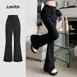 Lovito Casual Calça com Botão Primavera/verão Preta para Mulheres L172LD1279