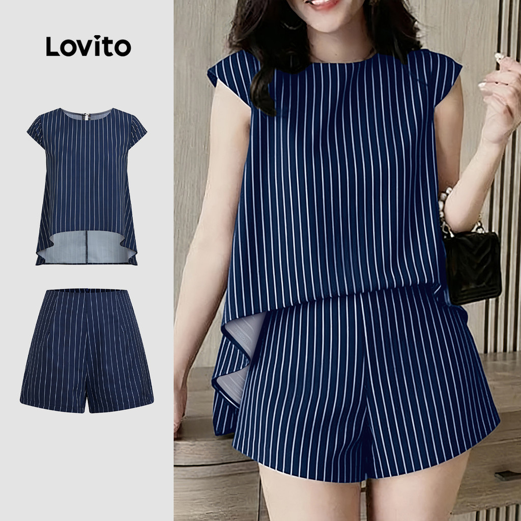 Lovito  Tops ou Bottoms Casuais Altos Baixos Lazer Terno Azul Marinho Tops ou Bottoms para Mulheres. L177AD153 em Oferta na Shopee