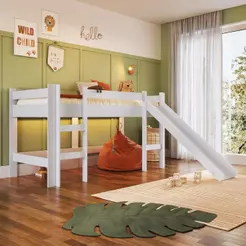 Cama Infantil Elevada com Escorregador 188x78cm Escada e Proteção Lateral Branca