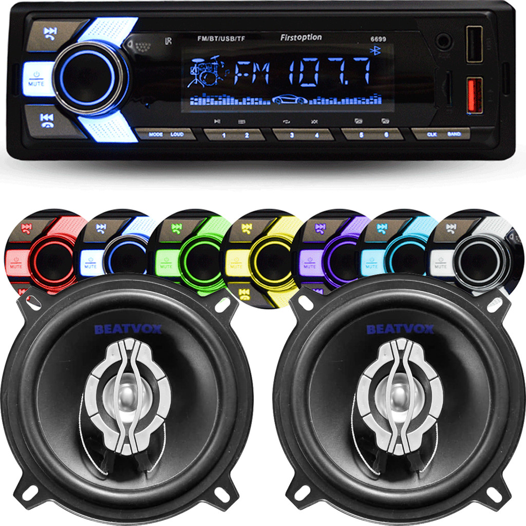 Kit Radio MP3 Player Automotivo 7 Cores Controle SD Bluetooth Pendrive USB FM+Par Alto Falantes 5 Polegadas