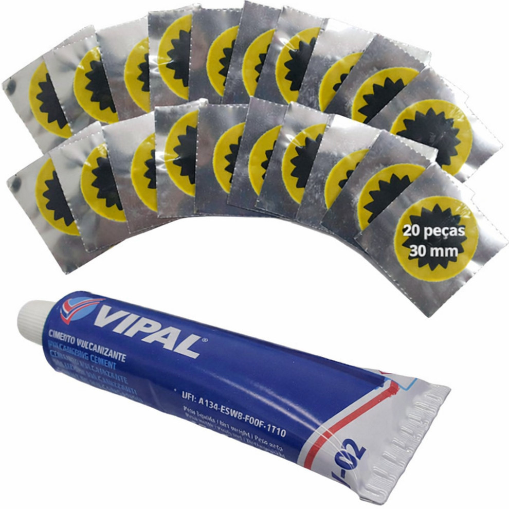 Kit 20 Remendos Moto Bicicleta Camara de Ar 1 Colas de Remendo Vipal 15g e 20 Remendos 30mm A Frio