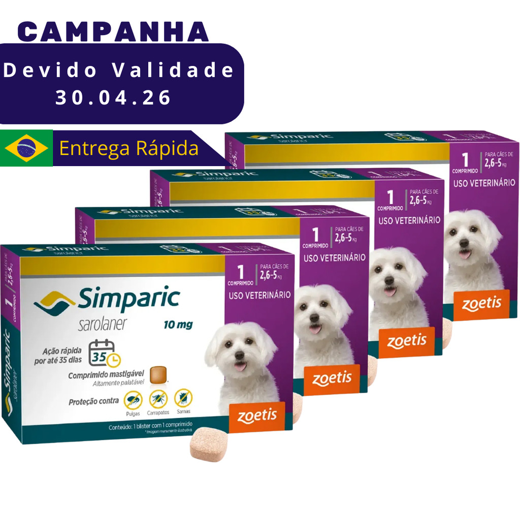 Kit 4 Caixas Simparic Cães De 2,6 A 5 kg Antipulgas Carrapatos Sarnas 1 Comprimido VENC ABR26 em Oferta na Shopee