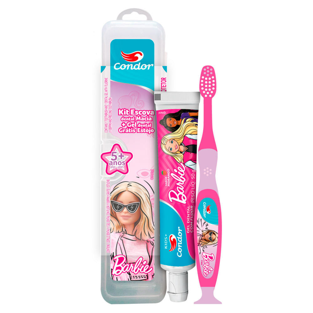 Kit Escova e Gel Dental Condor Kids Barbie Sabor Morango 5+ Anos com Flúor 50g e Ganhe Estojo em Oferta na Shopee