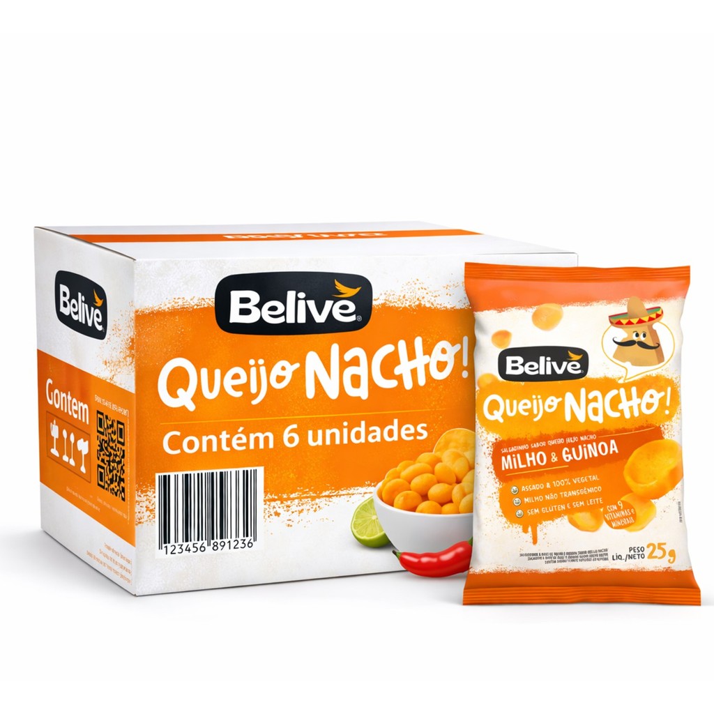 Kit 6 Salgadinho BELIVE s/ Gluten Queijo Nacho 25g
