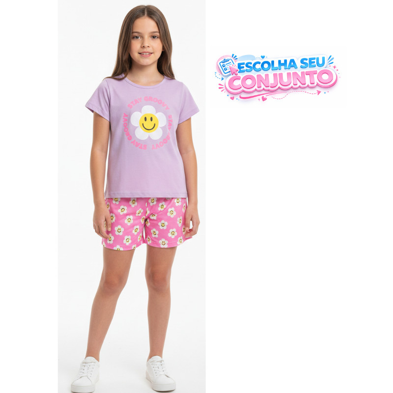 Conjunto Infantil Feminino Manga Curta Verão Lilás Stay Groovy Com Short Rosa Estampa Flor Smile Look Casual Menina