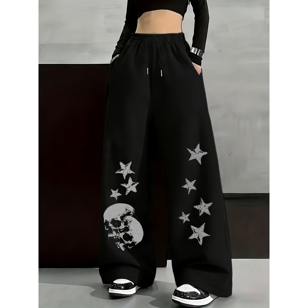 Calça Feminina Y2K Punk Góticas de Perna Reta  Caveira e Pentagrama Calça Bolso Frontal Dia a Dia em Oferta na Shopee