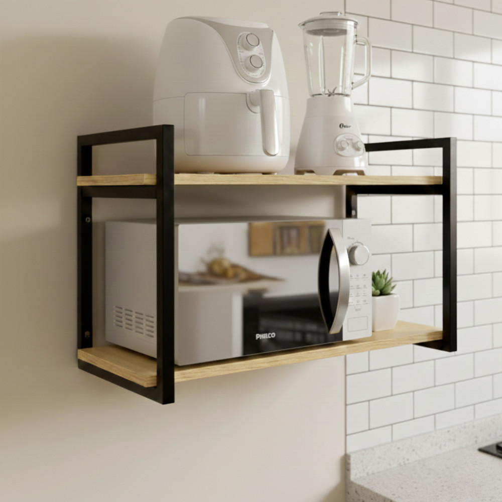 Prateleira de Parede Suporte Microondas 60cm Forno Air Fryer Nicho Industrial - Ferro Madeira Pinus