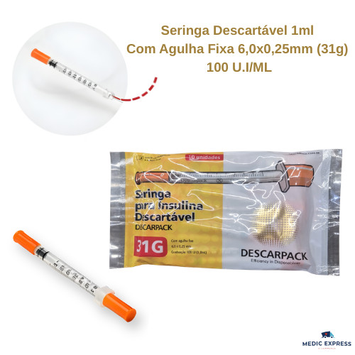 Seringa de Insulina Botox 1mL com Agulha Fixa Ultrafina 6 X 25mm 31g com 10 Unidades (Descarpack)