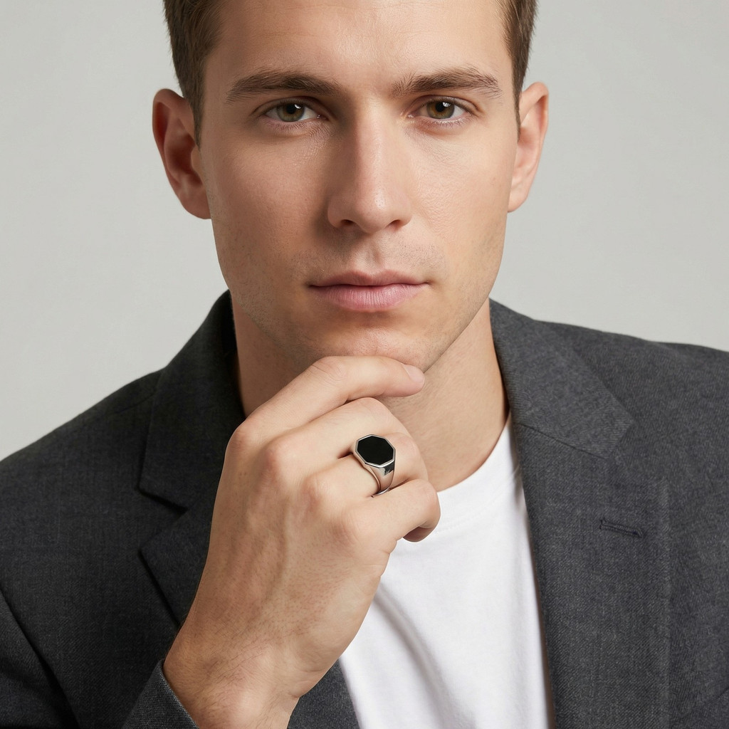 Anel Masculino Vnox Hexágono De Aço Inoxidável Preto Esmalte Hipoalergênico Minimalista Tom Prateado Presente · foto 2