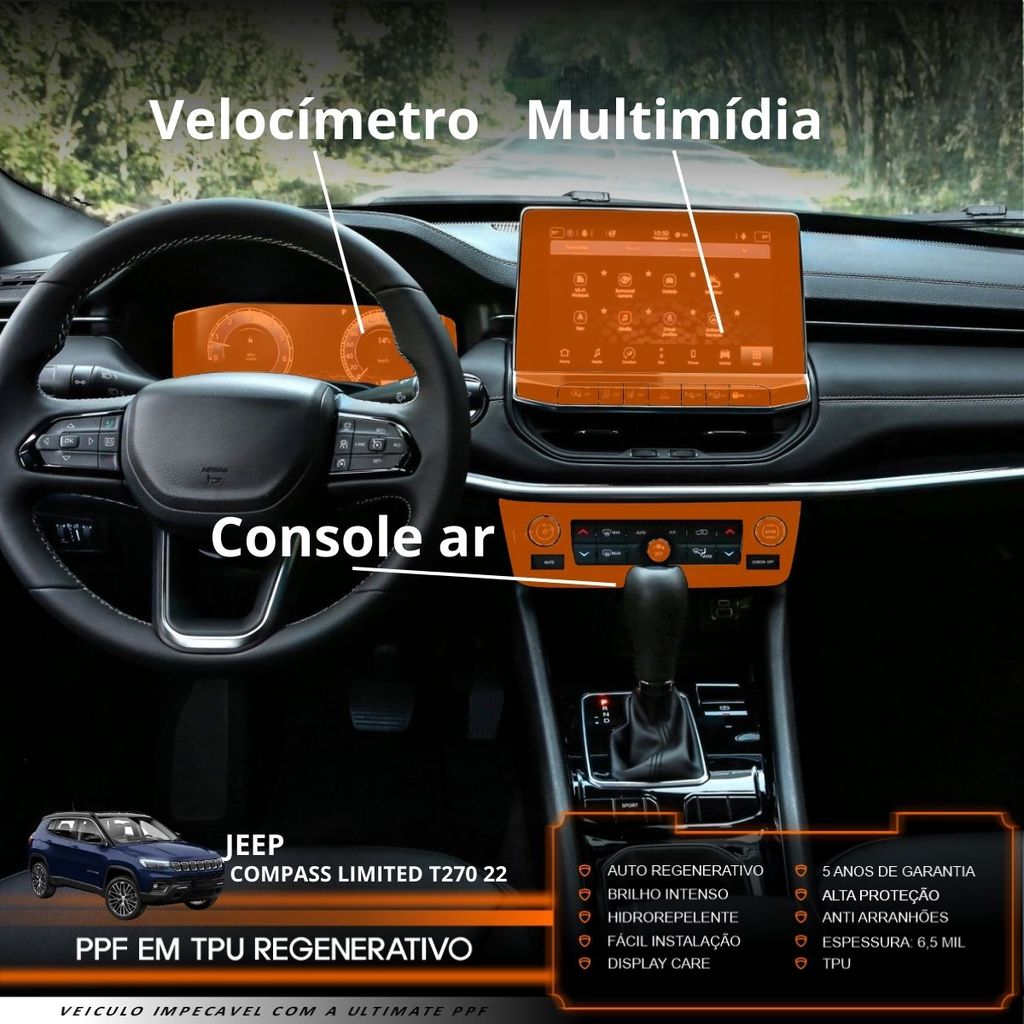Película PPF Proteção Kit Velocímetro Multimídia Console Ar Jeep Compass Limited T270 2022 Transparente TPU Anti Risco