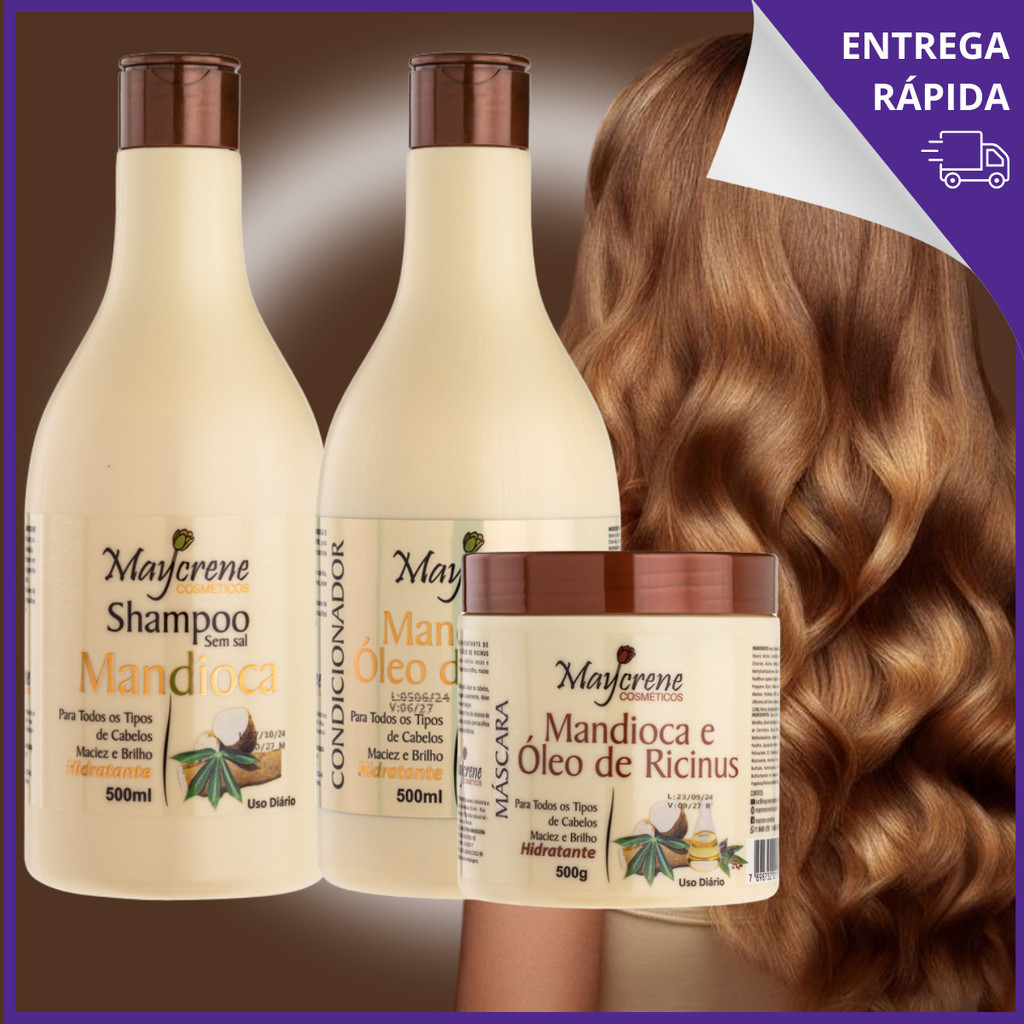 Kit Capilar Tratamento de Mandioca 500ML  Shampoo Condicionador Máscara  3 Produtos