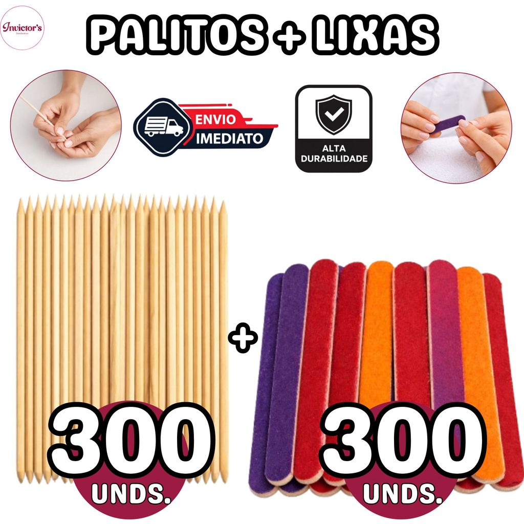 300 Palitos Manicure Laranjeira + 300 Lixas Mini Color para Unhas Profissional
