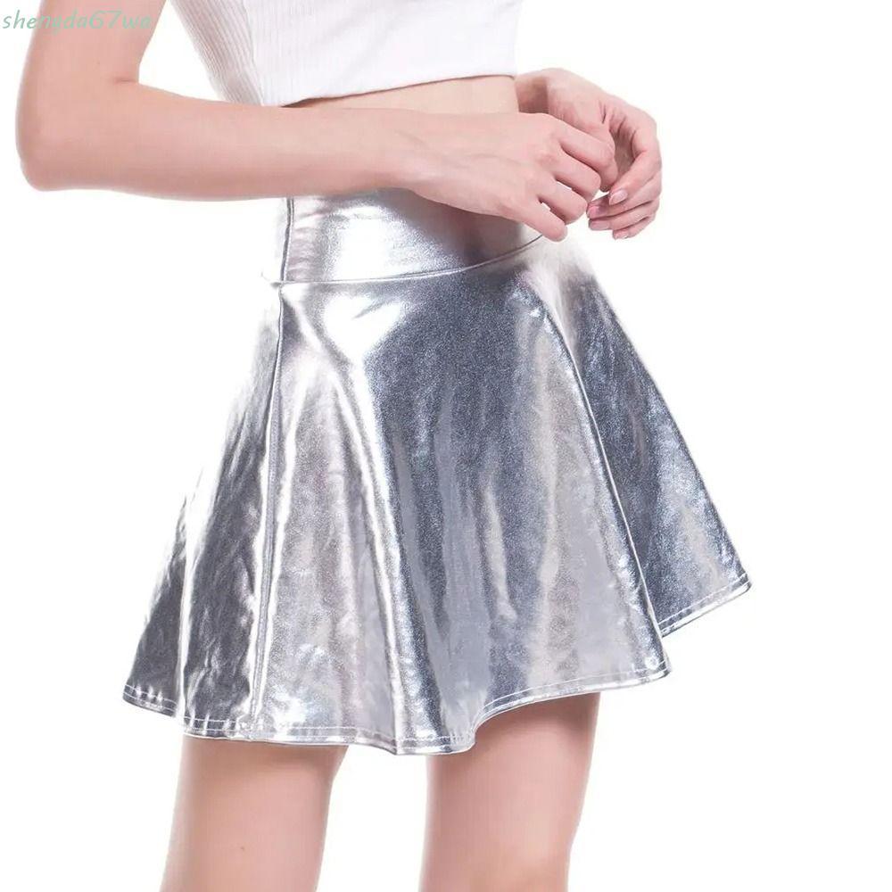 Saia Plissada Metálica SHENGDA , Vestido Curto Elegante E Brilhante Com Design Alargado , Minissaia Curta Dourada Pratea