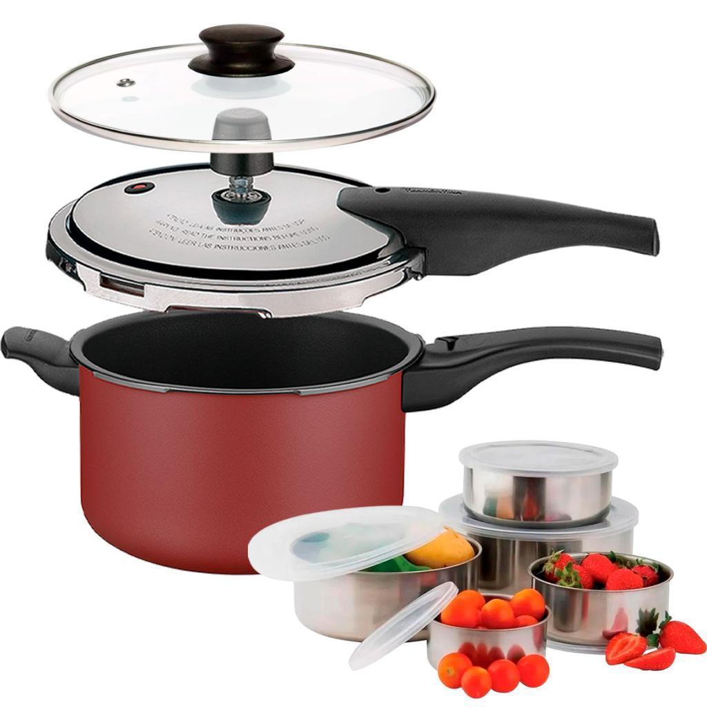 Panela de Pressão 2 em 1 Tramontina Vancouver 6 Litros com Tampa de Vidro e Jogo de 5 Potes Inox em Oferta na Shopee