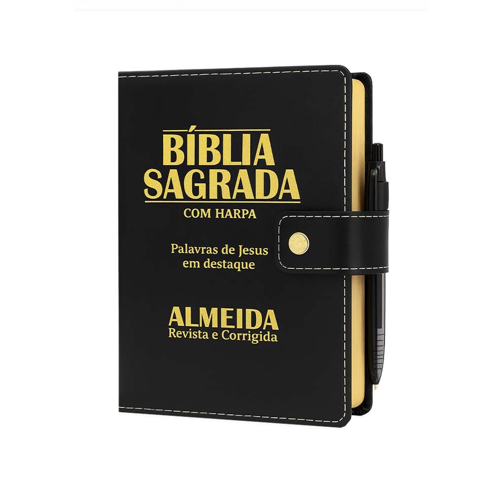 Bíblia Sagrada Letra Grande Botão Preta C/ Harpa e Caneta em Oferta na Shopee