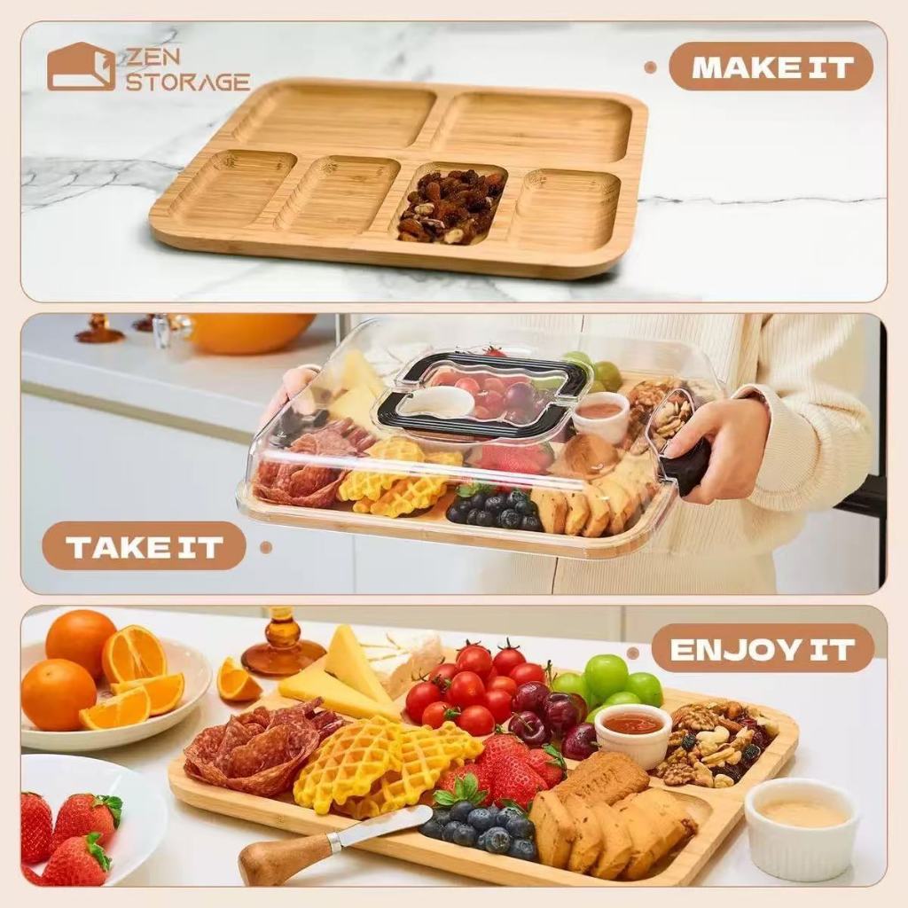 Petisqueira de Bambu com Tampa e Alça Tábua de Frios Grande - Premium