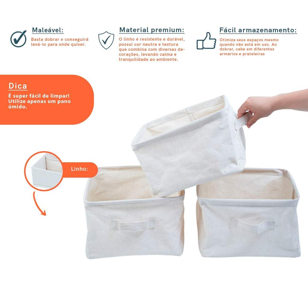Kit Organizadores Dobráveis de Linho Off White 3 Pçs - Oikos