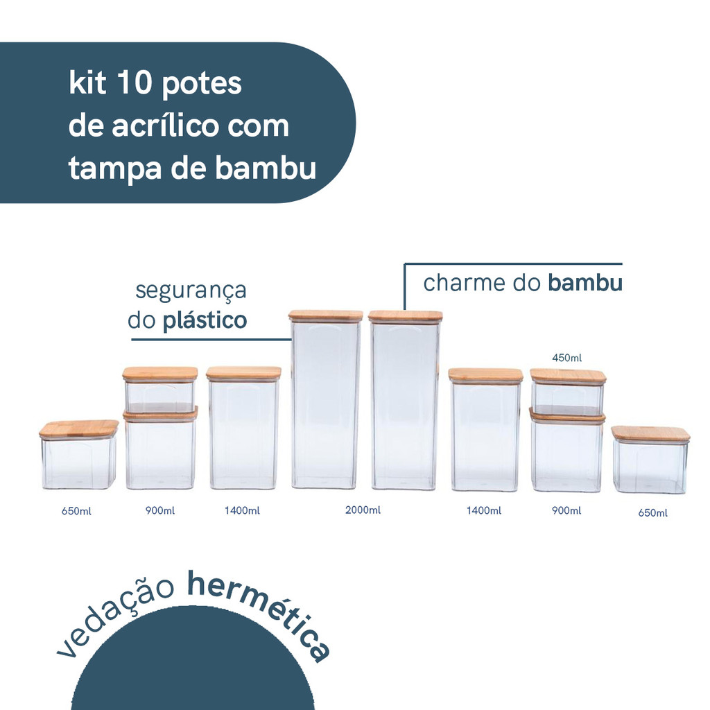 kit 10 potes de acrílico com tampa de bambu quadrados mantimento - oikos — imagem 2 de 2