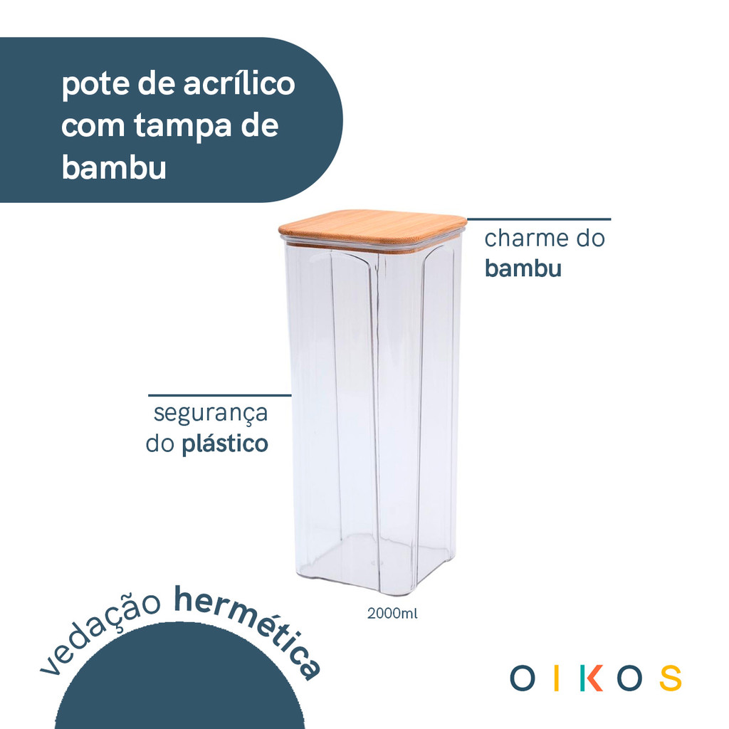 Pote de acrílico 2L com tampa de bambu transparente quadrado - Oikos — imagem 2 de 2
