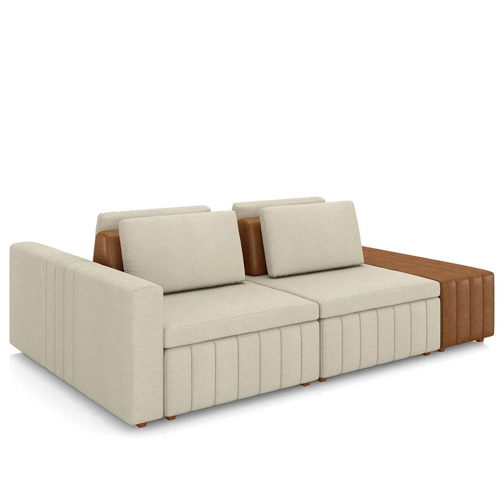 Sofá Ilha e Puff Sala Living 245cm Siesta Z32 Linho Cru/Marrom - Mpozenato
