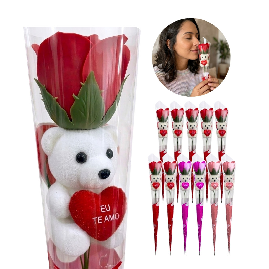 Rosa Artificial Com Ursinho Eu Te Amo Kit 12 Unidades Decoracao Romantica