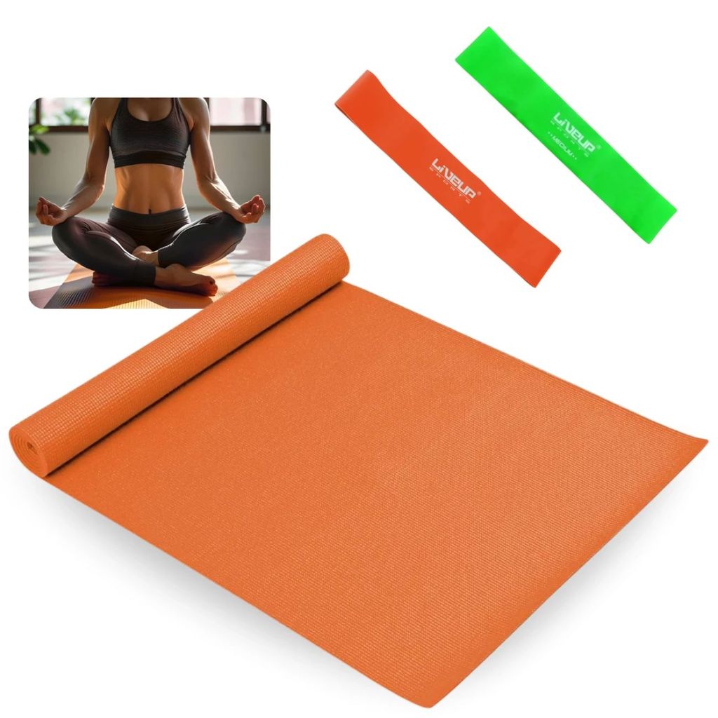 Kit Ginástica Colchonete em Eva Laranja + 2 Und Elástico Mini Band Tensão Leve e Media Treino