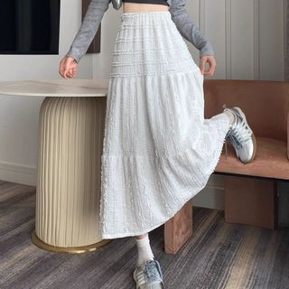 Estilo coreano textura plissada renda branca plissada saia longa feminina primavera verão capa virilha All-Match Super f