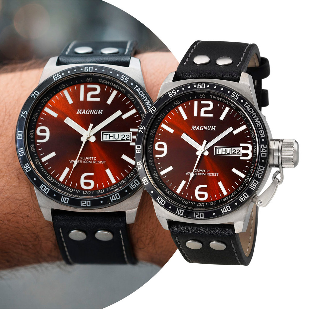 Relógio Masculino Analógico de Pulso Preto e Vermelho Pulseira de Couro Luxo Elegante Magnum