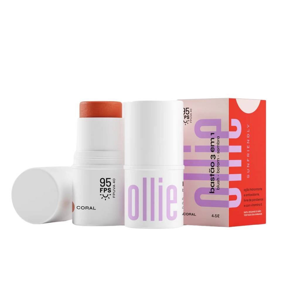 Bastão Ollie 3 em 1 Blush, Batom e Sombra FPS 95 Coral com 4,5g em Oferta na Shopee