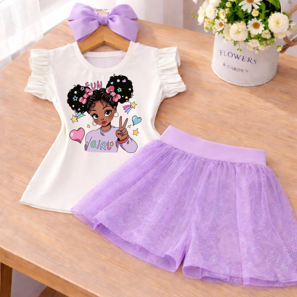 Conjunto Infantil Menina Blusa Off com Babado Short Saia de Tule Lilás Fashion Estampa Fun Girl Menina Morena 2 coques